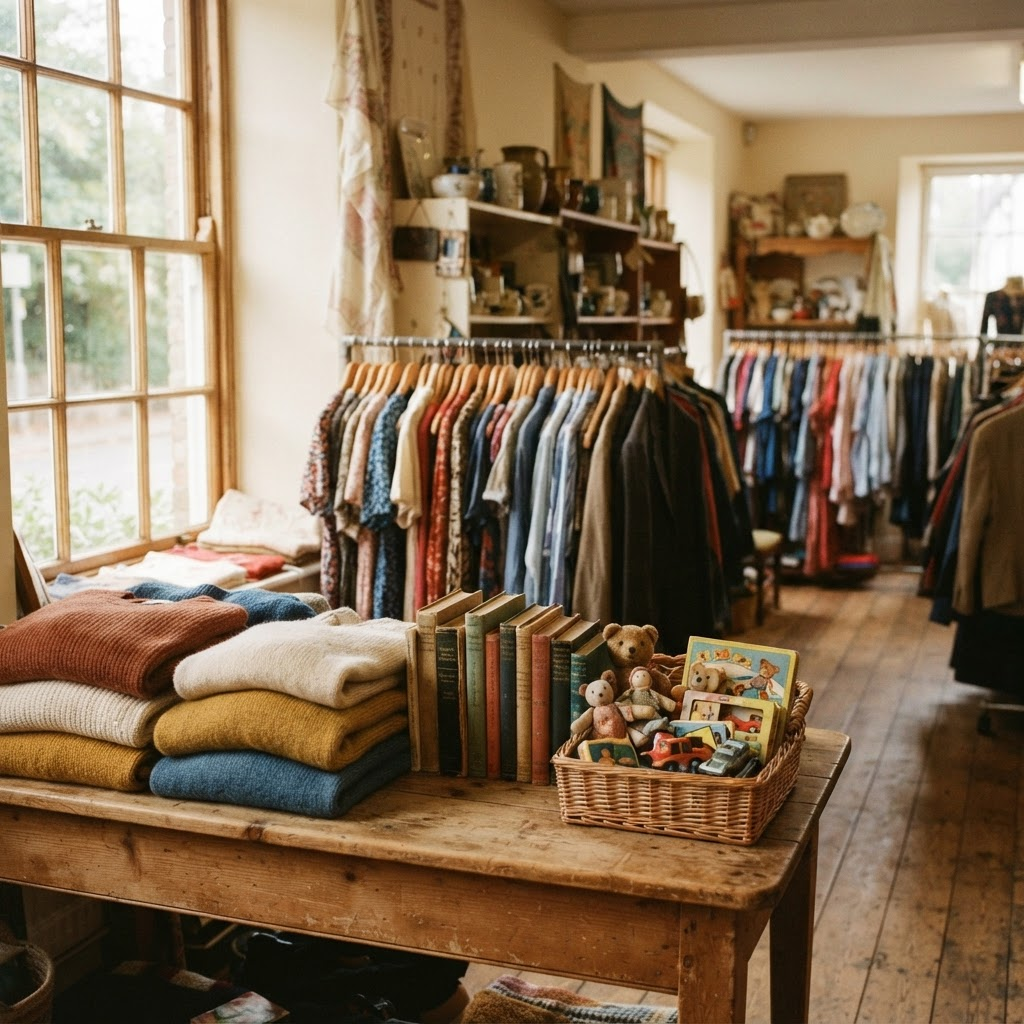 Racks of secondhand clothing and a table of folded jumpers, books and toys inside the op shop