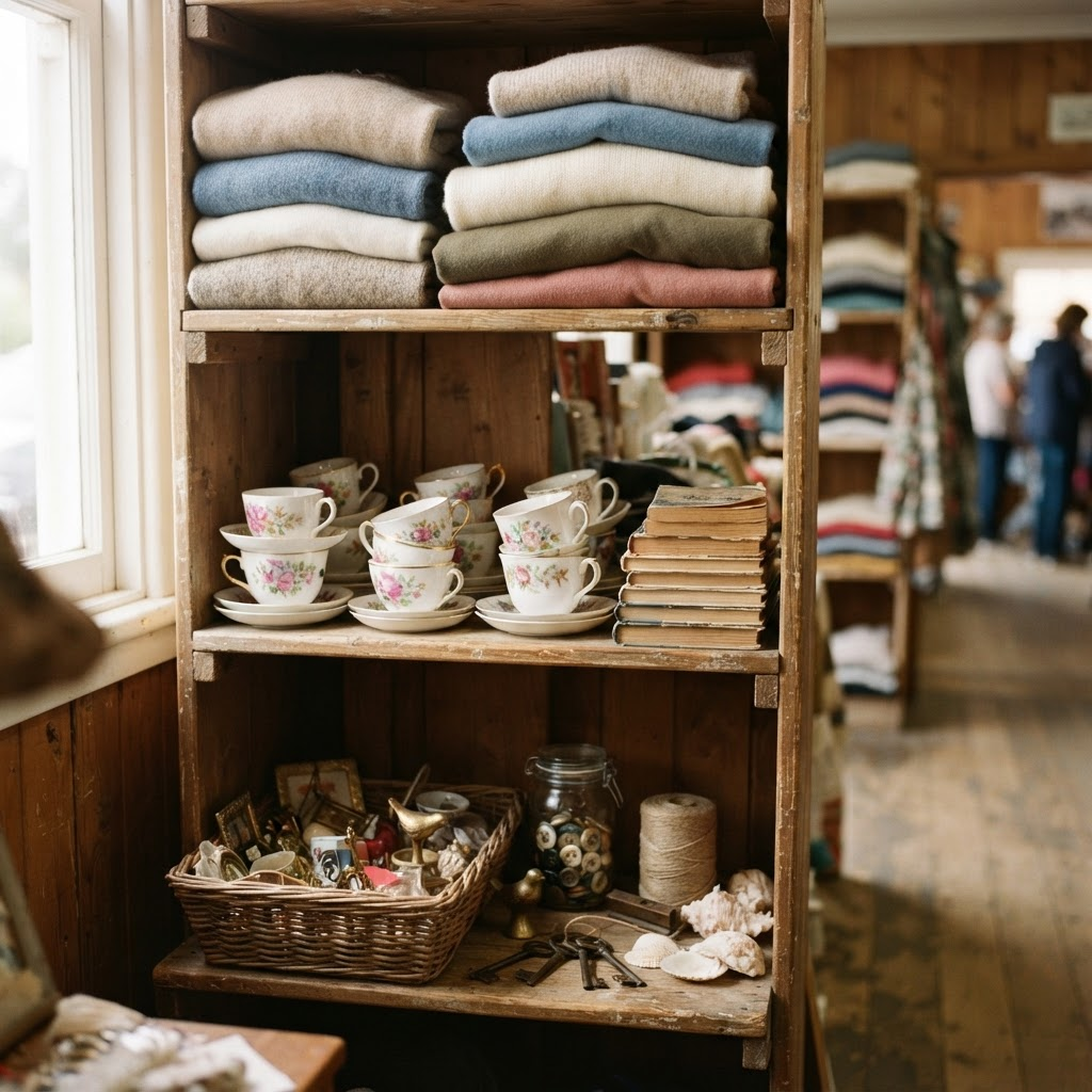 Neatly arranged secondhand clothing, vintage teacups, books and bric-a-brac on wooden shelves inside the op shop
